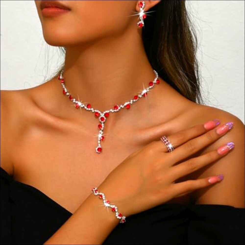 Sparkling Rhinestone Jewelry Set for Women, Adjustable Ring, Prom Wedding Party